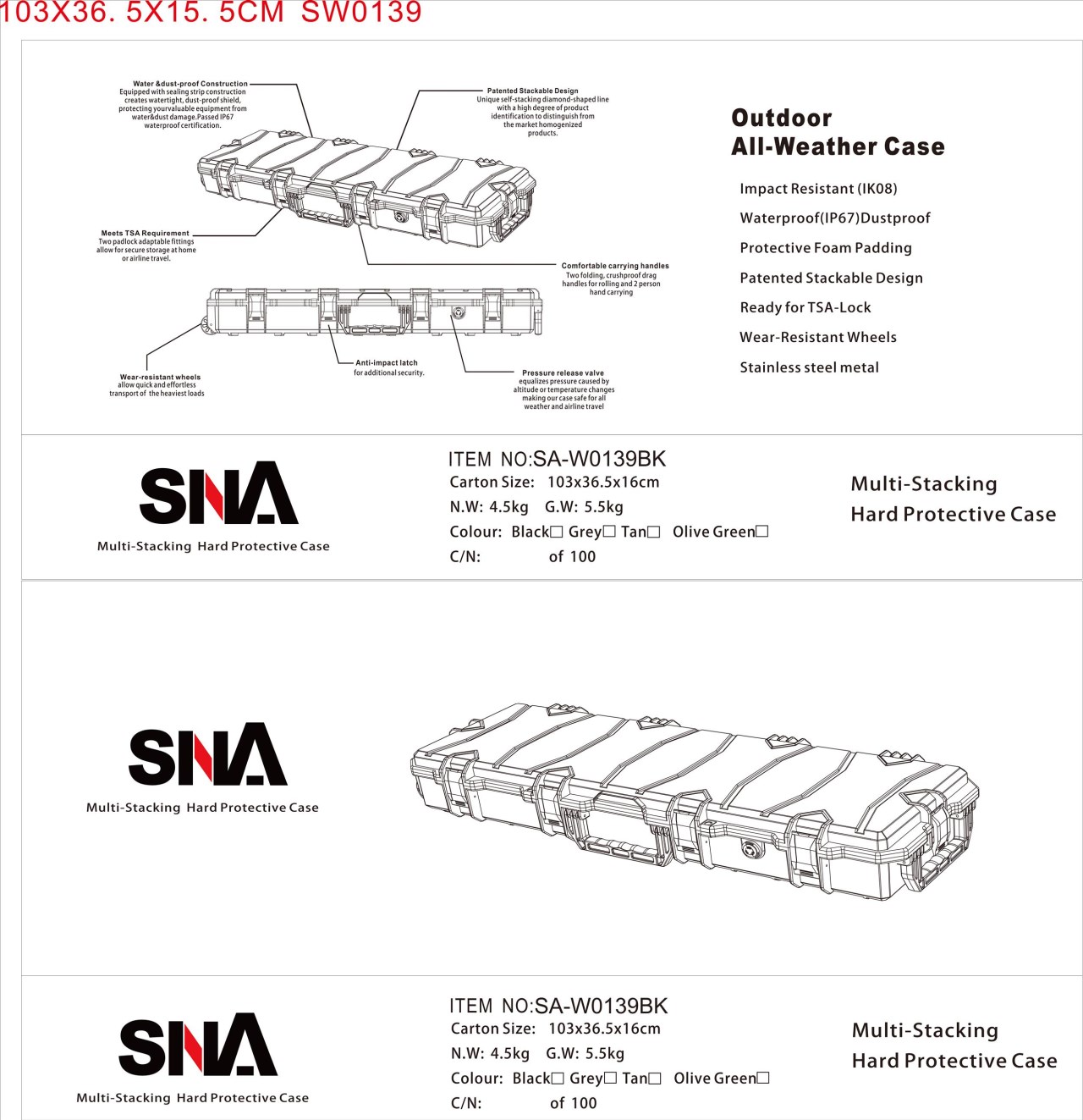 SNA 戰武102公分槍箱帶輪 拖式箱防水防塵 壓力釋放閥SNA-W0139BK 硬殼高防撞耐用工具箱戰術槍盒耐撞攜行箱滾輪槍箱長槍盒收納盒高密度