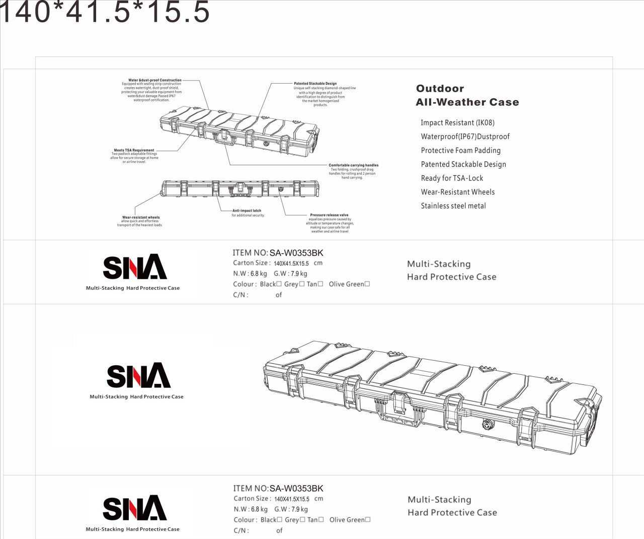 SNA 戰武137公分槍箱帶輪 拖式箱防水防塵 壓力釋放閥SNA-W0353BK 硬殼高防撞耐用工具箱戰術槍盒耐撞攜行箱滾輪槍箱長槍盒收納盒高密度
